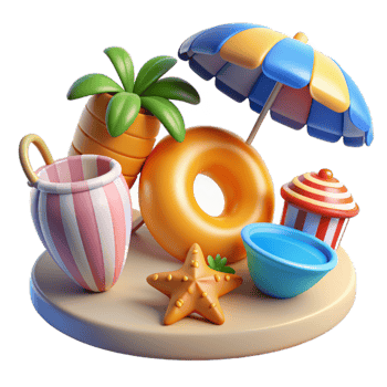 Summer 3d realistic render icon set. object with beach elements, summer holiday clip art set png