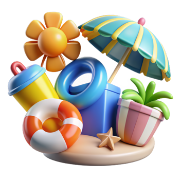 Summer 3d realistic render icon set. object with beach elements, summer holiday clip art set png