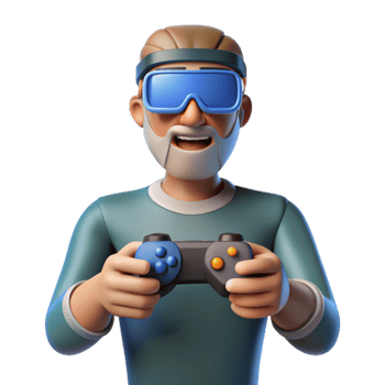 Virtual reality Man Gamer hands holding gaming console controller. joyful man in 3d glasses. png