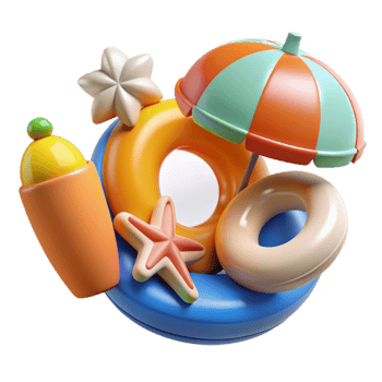 Summer 3d realistic render icon set. object with beach elements, summer holiday clip art set png