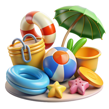 Summer 3d realistic render icon set. object with beach elements, summer holiday clip art set png