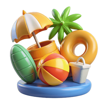 Summer 3d realistic render icon set. object with beach elements, summer holiday clip art set png