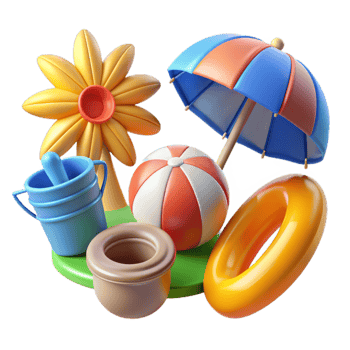 Summer 3d realistic render icon set. object with beach elements, summer holiday clip art set png