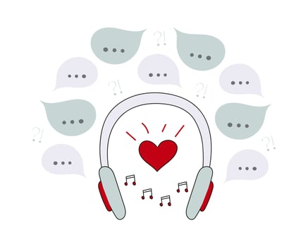 Music plays in the Headphones among other people's Conversations. Lots of speech bubbles and questions. Favorite playlist from Headphones. Alone with yourself among the crowd. Vector illustration.