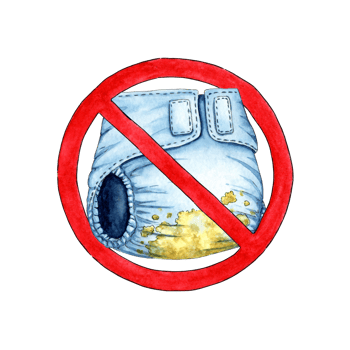 Watercolor illustration of a dirty baby diaper in a crossed out red circle. Environmental problem, pollution from baby supplies. Isolated. Composition for design, banner, web, poster. png