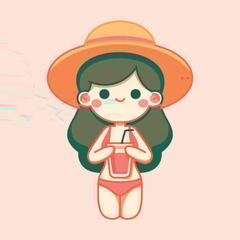 Cute vector illustration summer girl wearing hat and drink watermelon in summer season