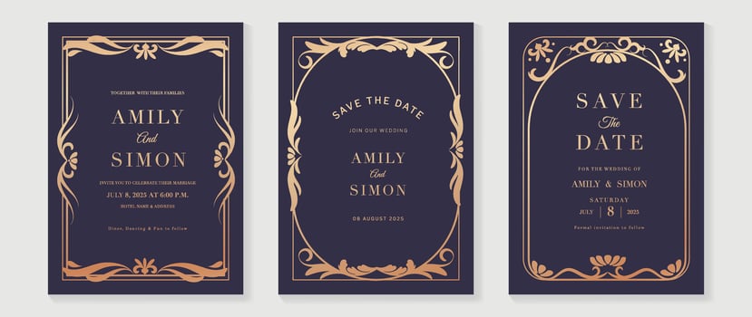 Luxury wedding invitation card vector. Elegant art nouveau classic antique design, rose gold lines gradient, frame on purple background. Premium design illustration for gala, grand opening, art deco. vector
