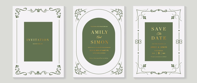 Luxury wedding invitation card vector. Elegant art nouveau classic antique design, green line, frame on white background. Premium design illustration for gala, grand opening, art deco. vector