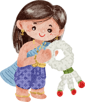 watercolor cute girl in traditional dress with garland Songkran Thai water festival element png