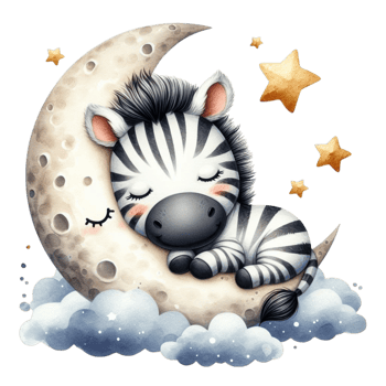 AI generated cartoon zebra sleeping on the moon with stars png