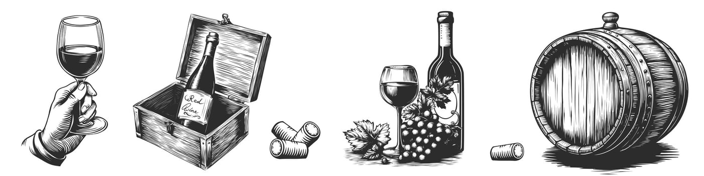 Wine set. Hand drawn winemaking products in sketch style. Engraving of barrel, glass, bottle of wine in wooden box, wine stopper. Classical alcoholic drink. Vector illustration for winery