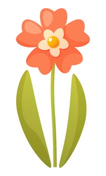 One beautiful red and pink flower on a stem with green leaves on a white background. Summer and spring flowering. Vector illustration. Flower clip art for design of posters, cards, logo, label, print.