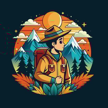 Hiker with backpack and hat in the mountains vector illustration graphic design. t shirt design