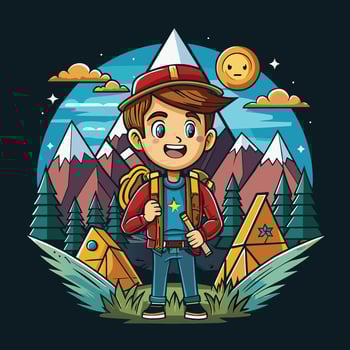 Boy with backpack and tent in the mountains vector illustration graphic design. t shirt design