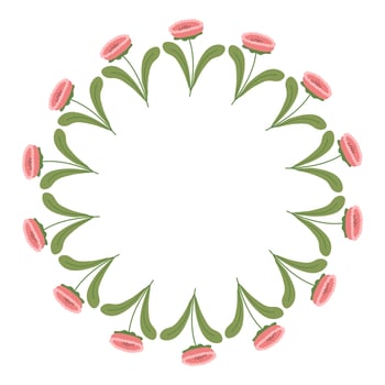 Round Hand drawn floral frame or border with place text, quote or logo in flat style. Doodle spring Wreath made of pink flowers in circle. Minimalist botanical element branches vector
