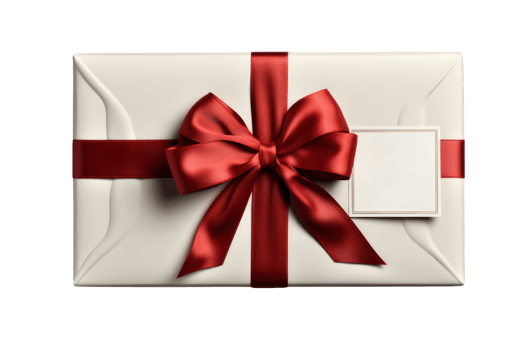 Elegant White Gift Box Adorned With a Lustrous Red Satin Ribbon Bow and Blank Tag png