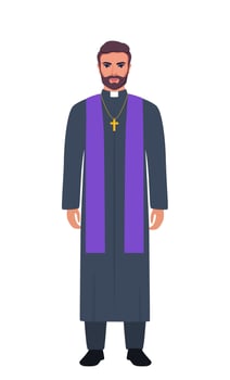 Catholic priest stands tall. Catholic priest in a cassock with a cross. Vector illustration.
