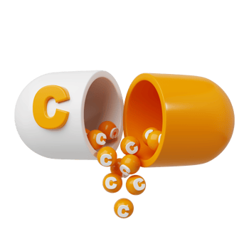 Orange pill or capsule filled with vitamin C. granules are poured out of the open tablet. 3D Rendering illustration png