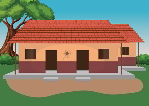Indian villege house with nature backround. Asian village scene. Village farm house old Indian rural house, village house. Village house. A beautiful village with farmlands, trees in the background. vector