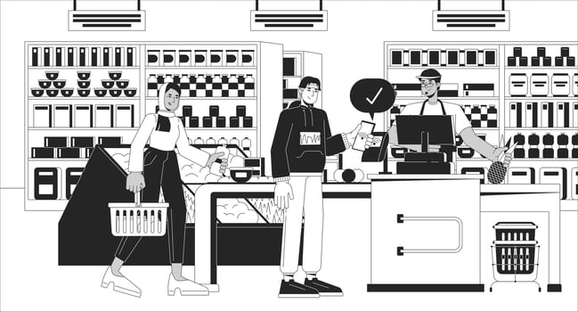 Wireless paying at grocery black and white line illustration. NFC phone customer cashier supermarket diverse 2D characters monochrome background. Checkout line terminal outline scene vector image