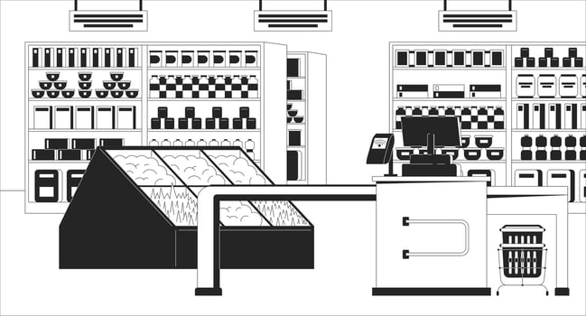 Supermarket checkout counter black and white line illustration. Grocery register 2D interior monochrome background. Checkout line with card payment terminal, no people outline scene vector image
