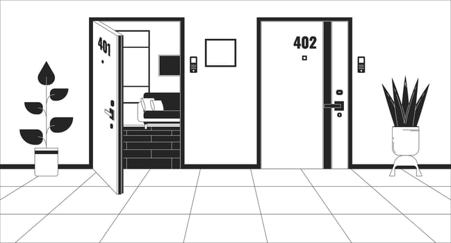 Complex apartment doors inside black and white line illustration. Corridor residential hallway wall condo 2D interior monochrome background. Neighborhood doorways residence outline scene vector image