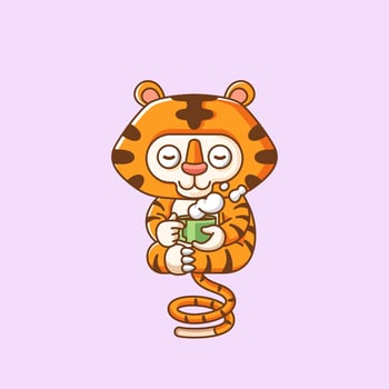 Cute tiger relax with a cup of coffee cartoon animal character mascot icon flat style illustration concept vector