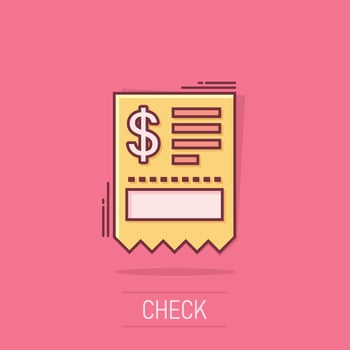 Money check icon in comic style. Checkbook cartoon vector illustration on isolated background. Finance voucher splash effect business concept.
