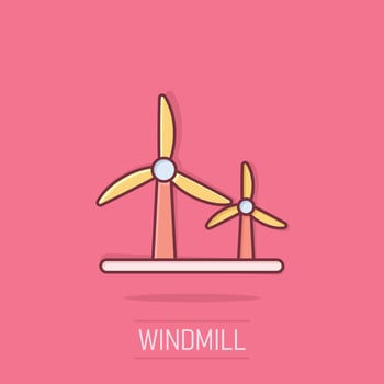 Wind power plant icon in comic style. Turbine cartoon vector illustration on isolated background. Air energy splash effect sign business concept.