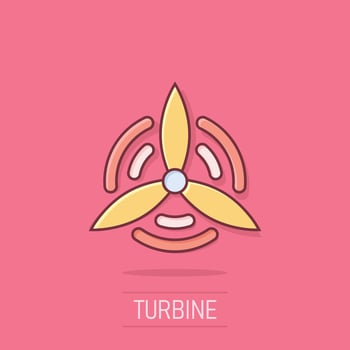 Wind power plant icon in comic style. Turbine cartoon vector illustration on isolated background. Air energy splash effect sign business concept.