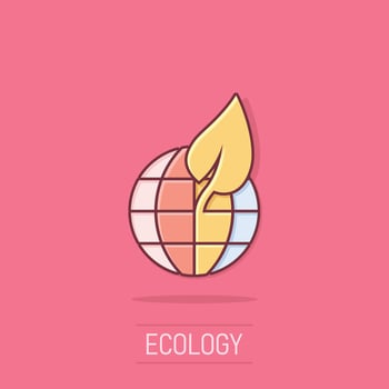 Planet and leaf icon in comic style. World and eco cartoon vector illustration on isolated background. Globe and organic splash effect business concept.