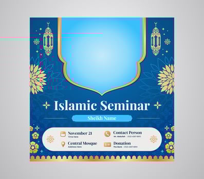 Blue Islamic Seminar and Webinar Social Media Post Feed Post Design Template for Islamic Teaching and Lecturing vector