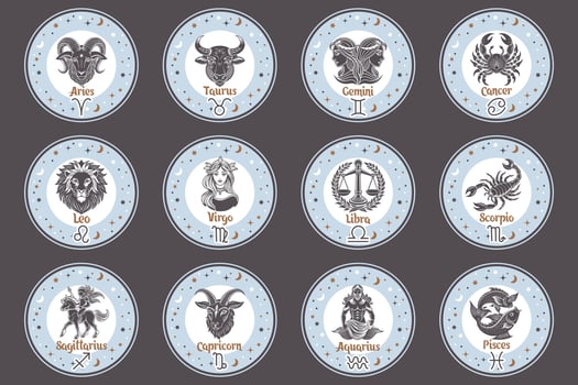 Astrology zodiac signs set, mystical round icons. Esoteric symbols for logo or icons. Pastel colors vector
