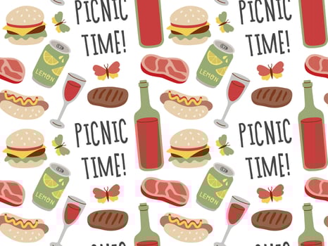 Summer and Spring Picnic seamless pattern. Wine, steak, burger, hot dog. Food and Drinks vector illustration.