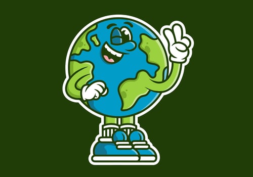 Character illustration of earth with hands forming a symbol of peace. blue green colors vector