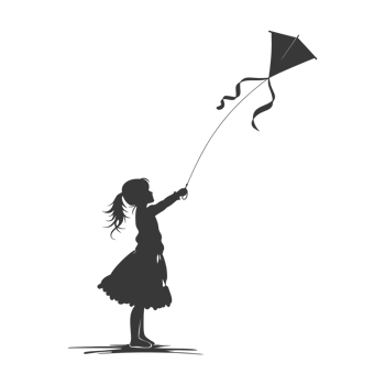 AI generated Silhouette little girl playing kite black color only png