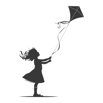 AI generated Silhouette little girl playing kite black color only png