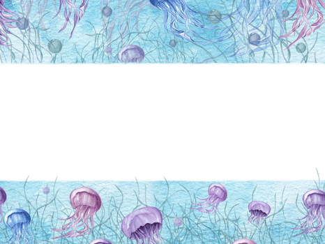 Horizontal frame with floating medusa and plants. Blue and violet jellyfish. Flock of jellyfish with long poisonous tentacles. Sea animals. Watercolor illustration with text space png