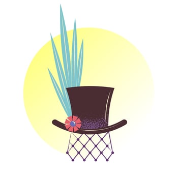 Carnival hat cylinder with blue feathers on a yellow background. Masquerade headdress. Flat vector illustration.