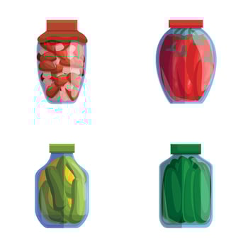 Preserved food icons set cartoon vector. Glass jar with preserved product vector
