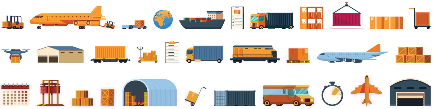 Airplane transport logistics icons set cartoon vector. Vehicle delivery cargo vector