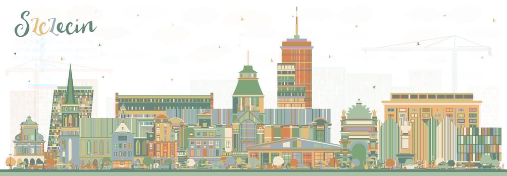 Szczecin Poland city skyline with color buildings. Szczecin cityscape with landmarks. Business travel and tourism concept with modern and historic architecture. vector