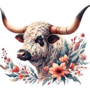 AI generated Highland cow with long horns grazes in a meadow png