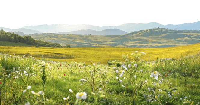 AI generated Colorful blossoming hillside with vibrant wildflowers and scenic views on transparent background - stock png. png