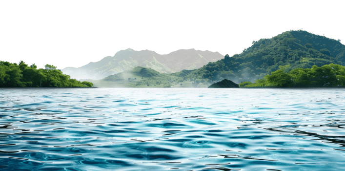 AI generated Serene lake with lush green mountainous backdrop in a tranquil environment on transparent background - stock png. png