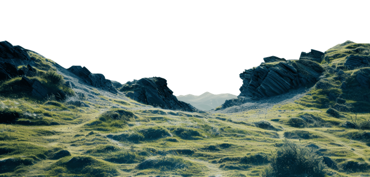 AI generated Rolling green hills under a clear sky in a serene rural landscape on transparent background - stock png. png