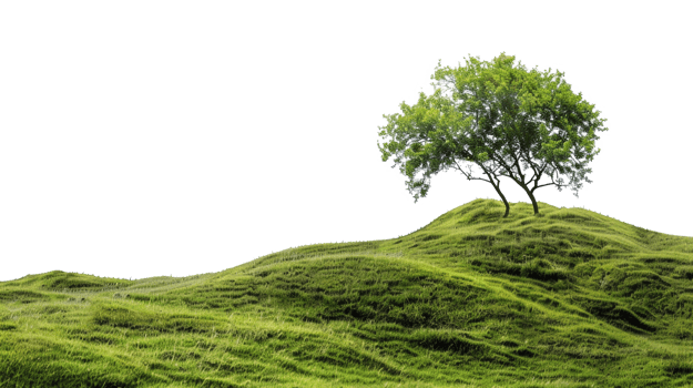 AI generated Serene rolling green hills with lush trees in a peaceful landscape on transparent background - stock png. png