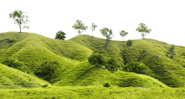 AI generated Serene rolling green hills with lush trees in a peaceful landscape on transparent background - stock png. png