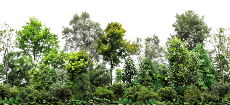 AI generated Dense tropical forest edge teeming with lush greenery and vibrant foliage on transparent background - stock png. png