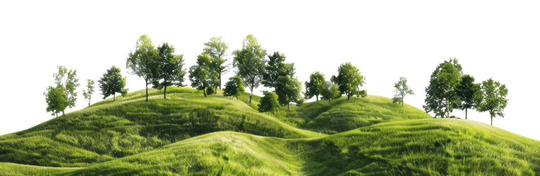 AI generated Serene rolling green hills with lush trees in a peaceful landscape on transparent background - stock png. png